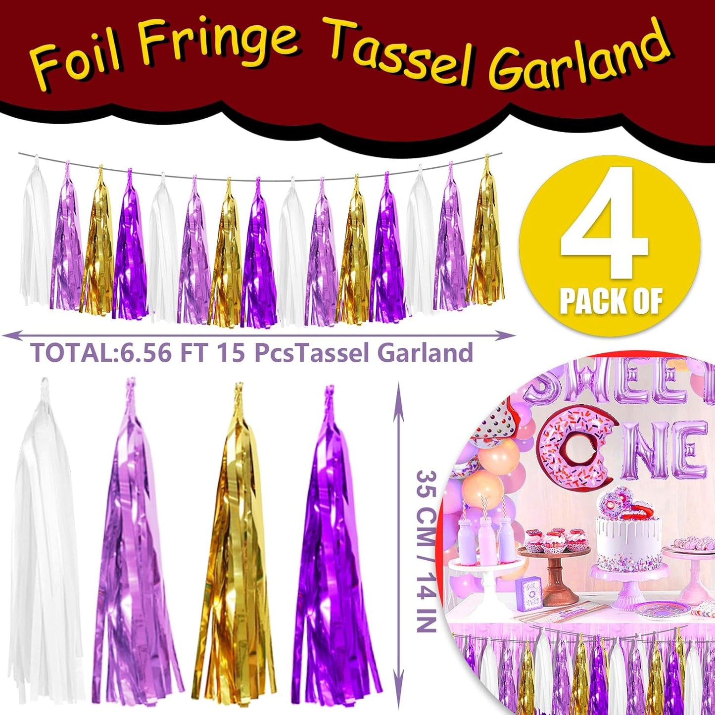 4P Purple-Gold Foil Fringe Tassel Banner Garland Metallic Tinsel Streamers Wall Hanging Curtain Backdrop Banners for Parade Floats, 2024 Graduation Decorations, Wedding Party Decoration