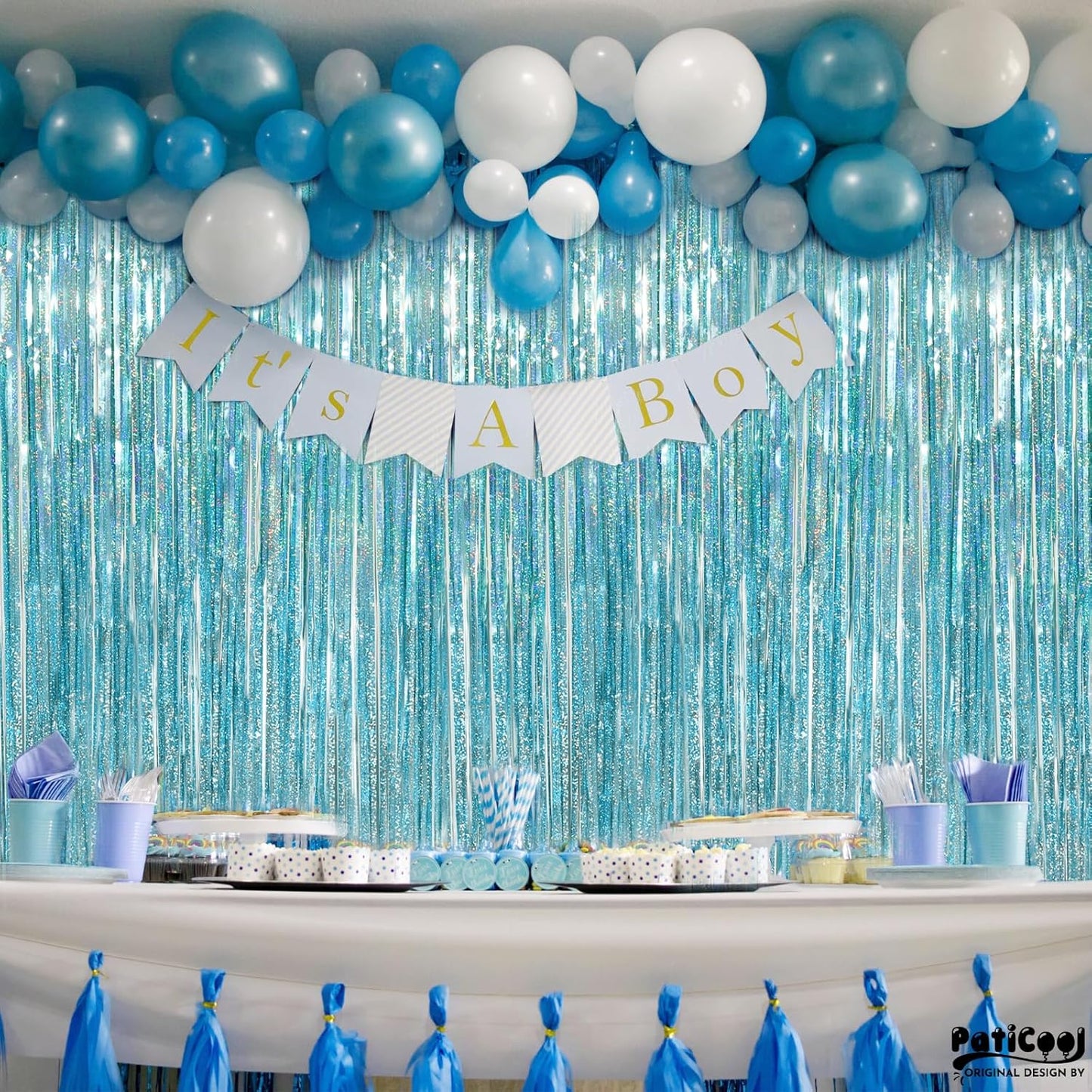 Light Blue Streamers Party Decorations - Thicken 2 Pack 3.2 x 8.2 FT - Blue Foil Fringe Backdrop Curtains for Birthday, Baby Shower, Bachelorette, Frozen, Pool, Under The Sea, Beach Party Decorations