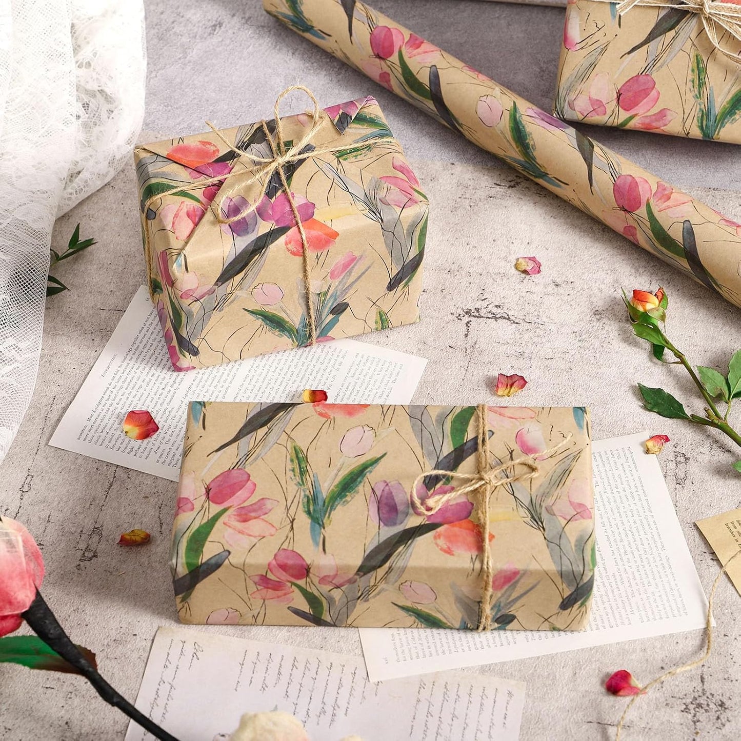 RUSPEPA Tulips Floral Wrapping Paper Roll, Watercolor Gift Wrap, Mini Roll Kraft Paper Roll for Girls, Spring, Summer, Wedding and Birthday 17 Inches x 32.8 Feet