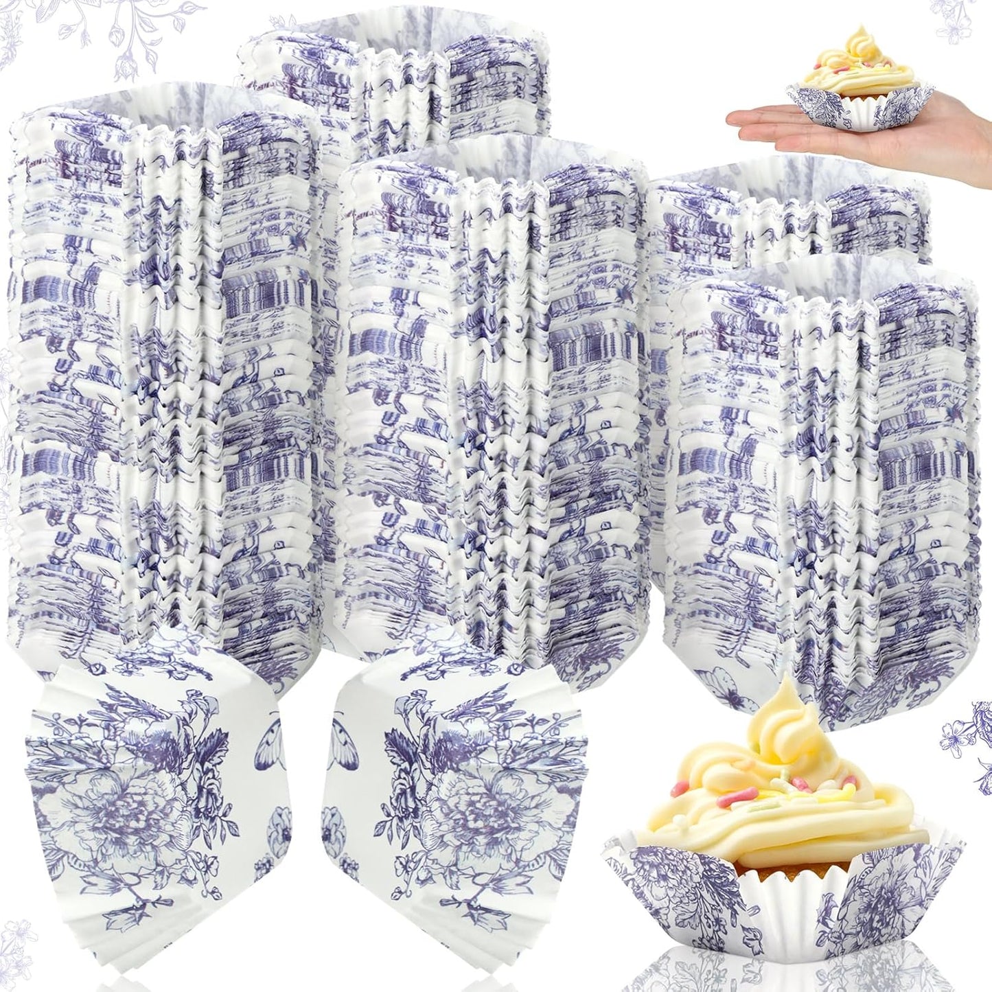 Tanlade 350 Pcs Square Mini Cupcake Liners Disposable Brownie Baking Pan Liners 1.77 Inch Paper Baking Cup for Cup and Cupcakes Party Supplies for Weddings Birthdays Bridal Showers(Blue Flower)