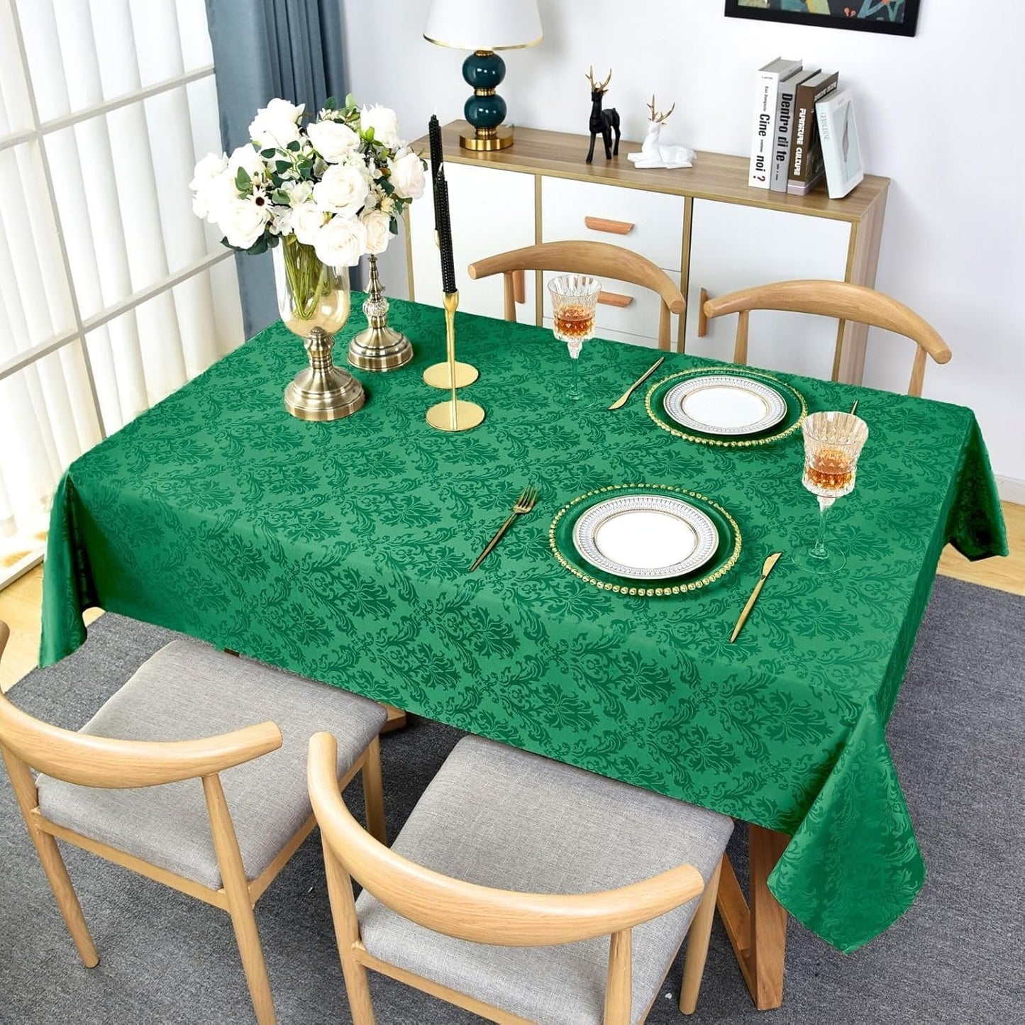 SASTYBALE Rectangle Jacquard Tablecloth, Damask Table Cloth SpillProof Wrinkle Resistant Tablecloths, Soft Polyester Oblong Table Cover for Kitchen, Dinner, Parties (Dark Green, 52X70)