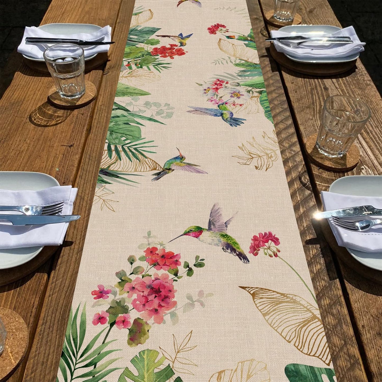 Seliem Summer Tropical Hummingbird Palm Leaf Greenery Table Runner, Spring Birds Home Kitchen Monstera Geranium Flowers Dining Decor, Seasonal Burlap Decorations Anniversary Party Supply 13 x 90 Inch
