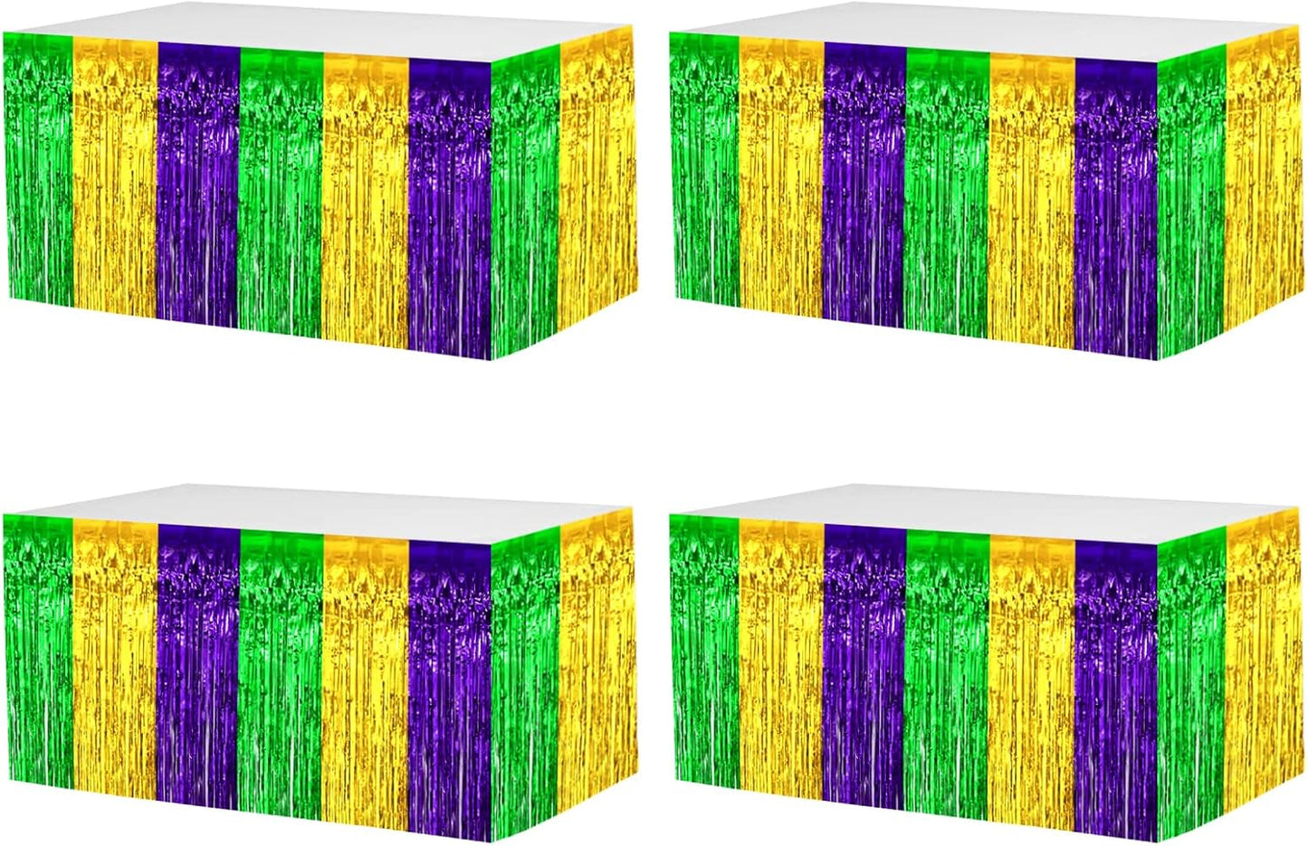 4 Pack 29x108 Inch Mardi Gras Metallic Foil Fringe Tinsel Table Skirts for Rectangle Tables Streamer Backdrop for Wedding, Birthday, Parade Floats, Valentine's Day Party Decoration(Gold Green Purple)