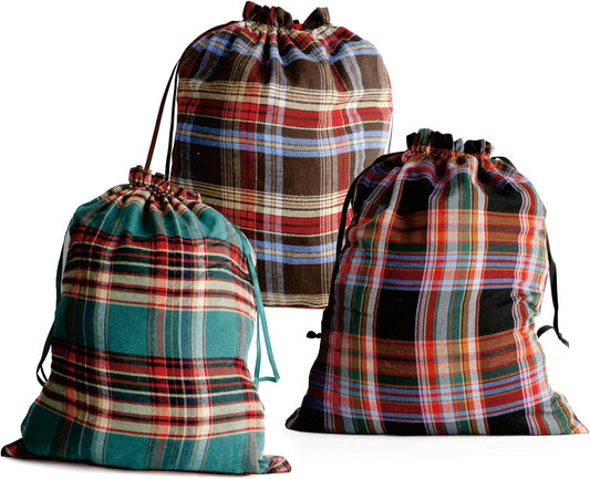 Meseey Large Christmas Gift Bags with Drawstrings Red Green Buffalo Plaid Reusable Sacks Bags Brown Black Gingham Pouch Bag for Thanksgiving Party Gift Wrapping(3 color mix, 20x28 Inch)