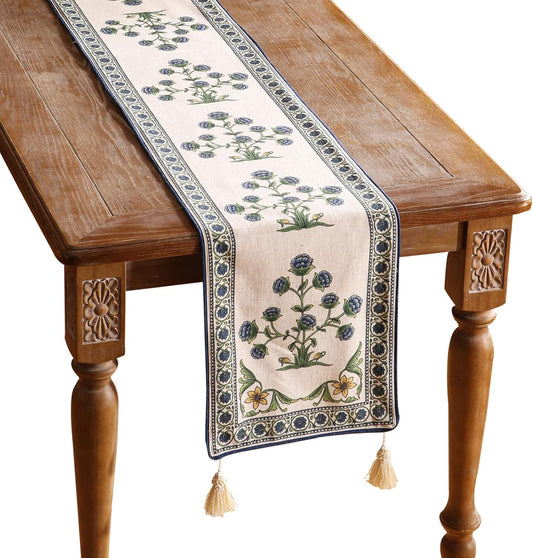 patdrea Designer Blue Rustic Elegant Floral Patterned Extra Long,Wrinkle Resistant Linen Table Runner 118 Inch Long,Decoration for Kitchen Dining and Coffee Tables Banquet Christmas , 12"x118"