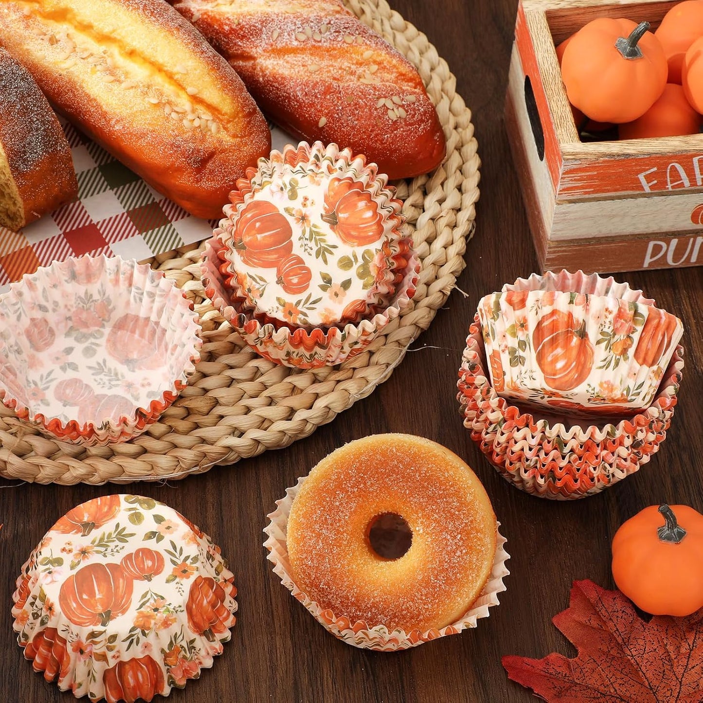 Whaline 300Pcs Fall Cupcake Liners Watercolor Pumpkin Flower Paper Baking Cups Autumn Floral Muffin Liner Cake Paper Cups Storage Container for Thanksgiving Party DIY Craft, 2x1.2 Inch