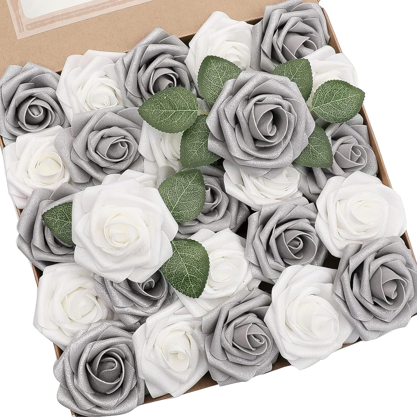Floroom Artificial Flowers 50pcs Real Looking Shimmer Silver Grey Foam Fake Roses with Stems for DIY Christmas Tree Xmas Wedding Bouquets Party Tables Centerpieces Floral Arrangements Home Decor