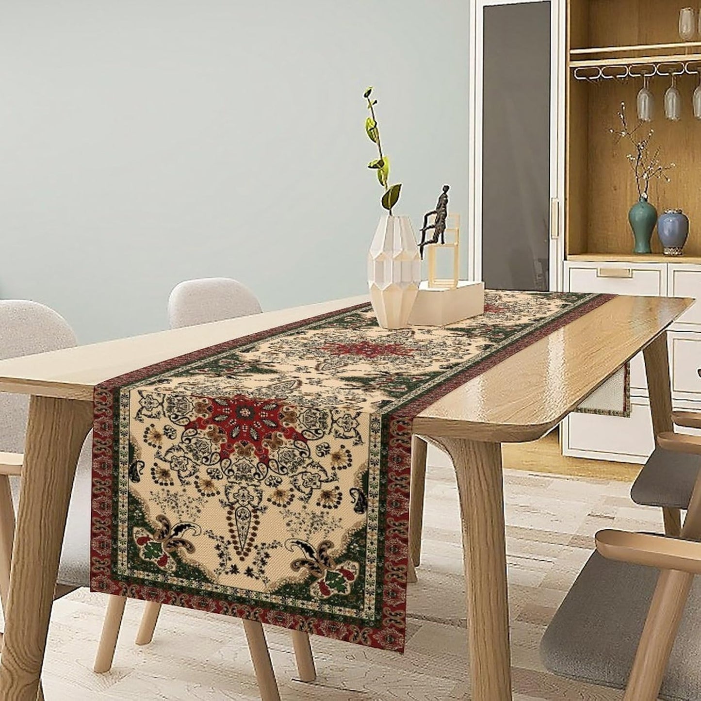 Vintage Paisley Bohemian Table Runner Beige Red Rustic Farmhouse Home Kitchen Table Dining Coffee Room Garden Party Wedding Decor 13x108in