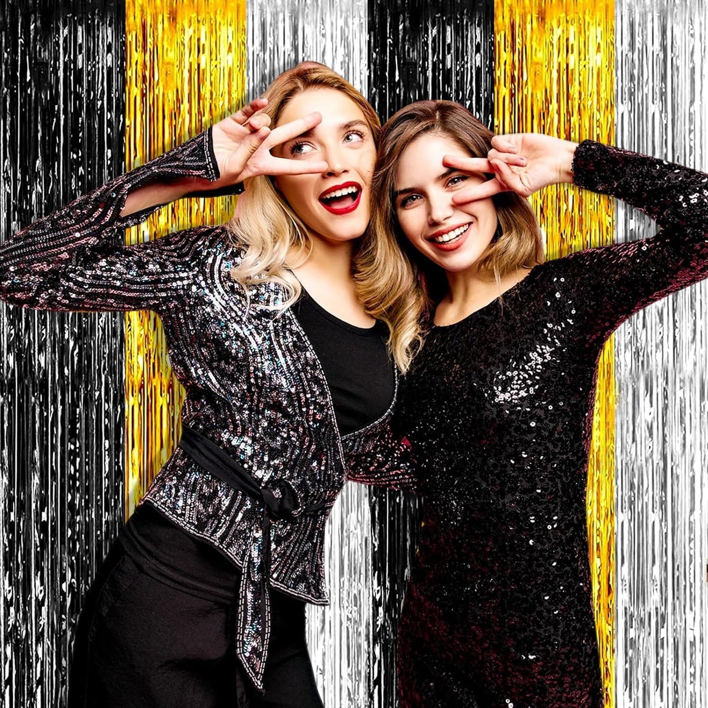 4P Metallic Foil Fringe Tinsel Table Skirts for Rectangle Tables Backdrop Banner Streamer Garland Curtains Parade Floats Wedding Graduation Anniversary Birthday Parties Decoration (Black Gold Silver)