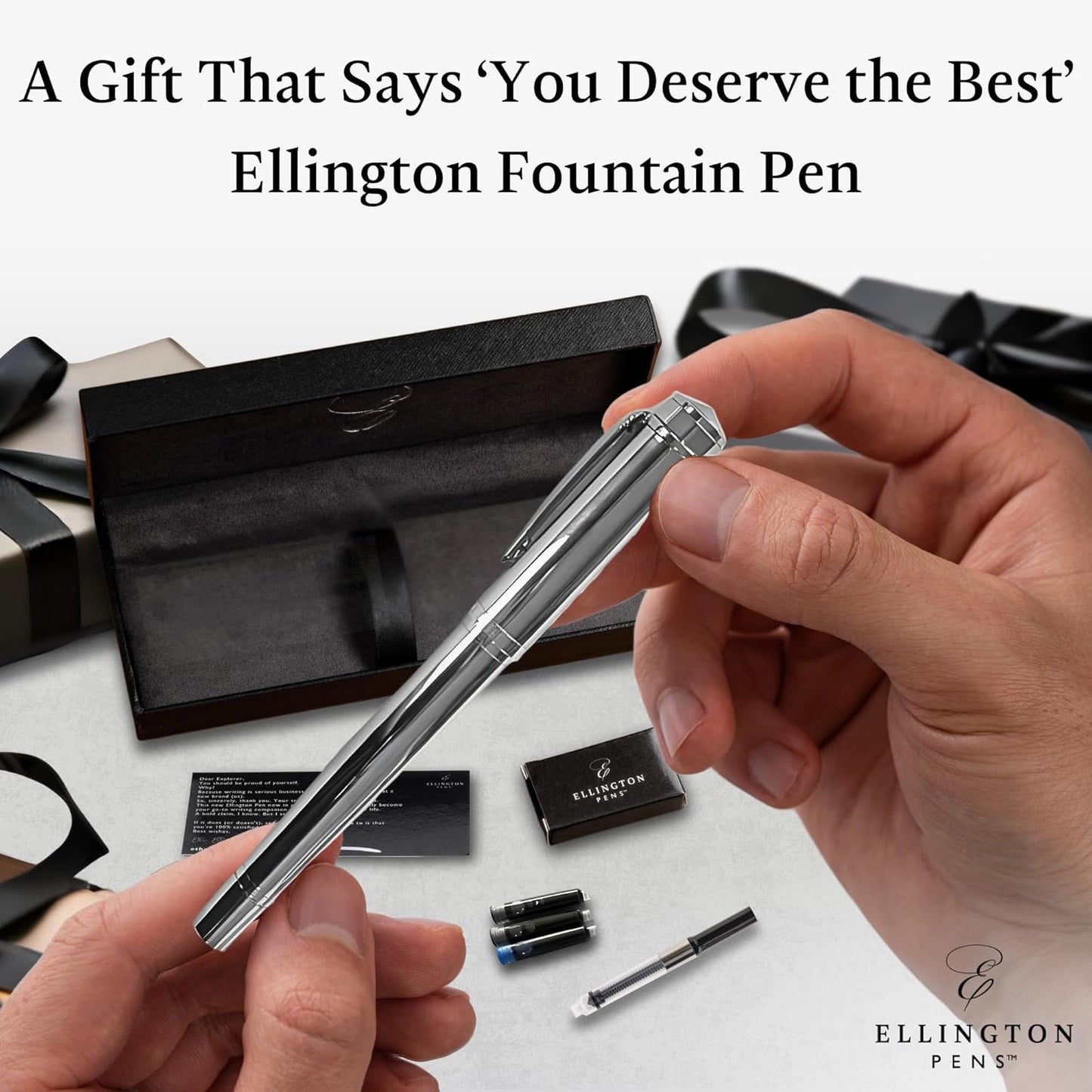 Ellington Pens Luxury Fountain Pen Set- Fountain Pens for Writing - Smooth Extra Fine Nib - Includes Refillable Ink Converter, 3 Ink Cartridges [Black & Blue], Gift Box - Elegant Calligraphy