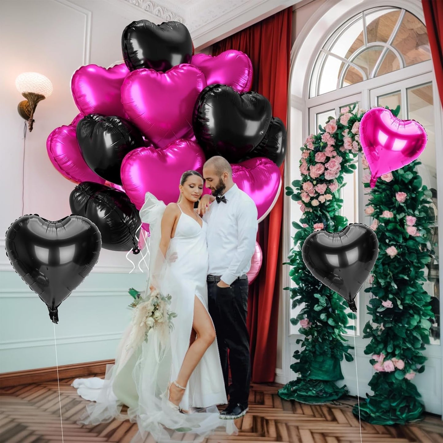 12 Pcs Heart Balloons, 18 inch Valentine's Day Balloons, Hot Pink Black Heart Foil Helium Balloon, Love Printed Foil Balloon for Valentine's Day Wedding Baby Shower Party Decorations