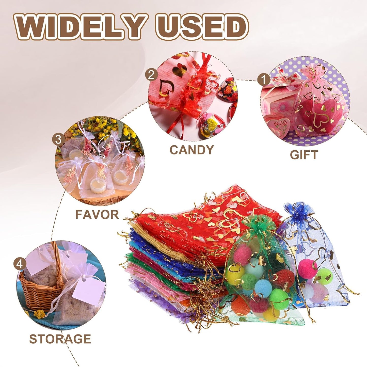 PATIKIL 100 Pcs 5x7 Inch Heart Printed Organza Bags, Gold Sheer Heart Organza Bags with Drawstring for Christmas Candy Jewelry Party Wedding Favor Gift