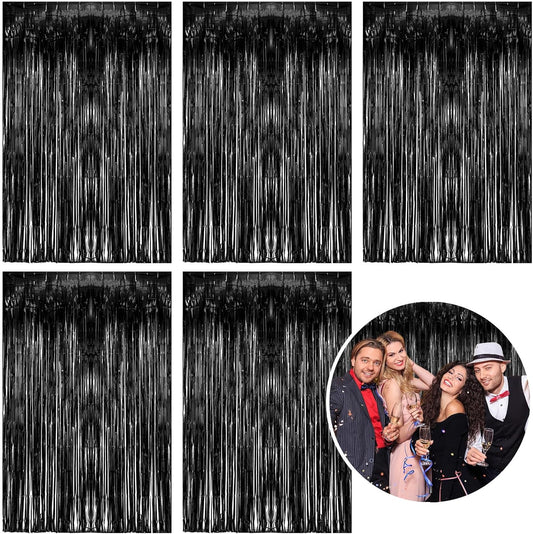 5 Pack Foil Curtain Backdrop Black Metallic Tinsel Foil Fringe Curtains Photo Booth Props for Birthday Wedding Engagement Baby Shower Bachelorette Christmas Holiday Celebration Party Decorations
