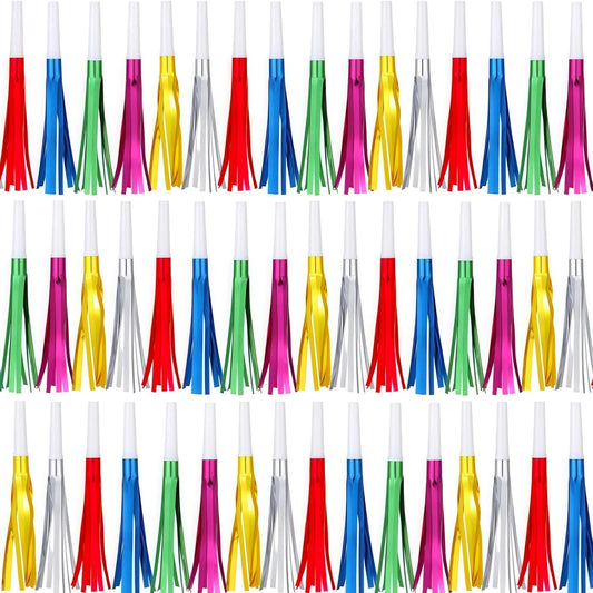 48 Pcs Gold Noise Makers Glitter Metallic Fringed Noise Makers Horns for Baby Shower, Kids Birthday, New Year Party Favor - Multicolor