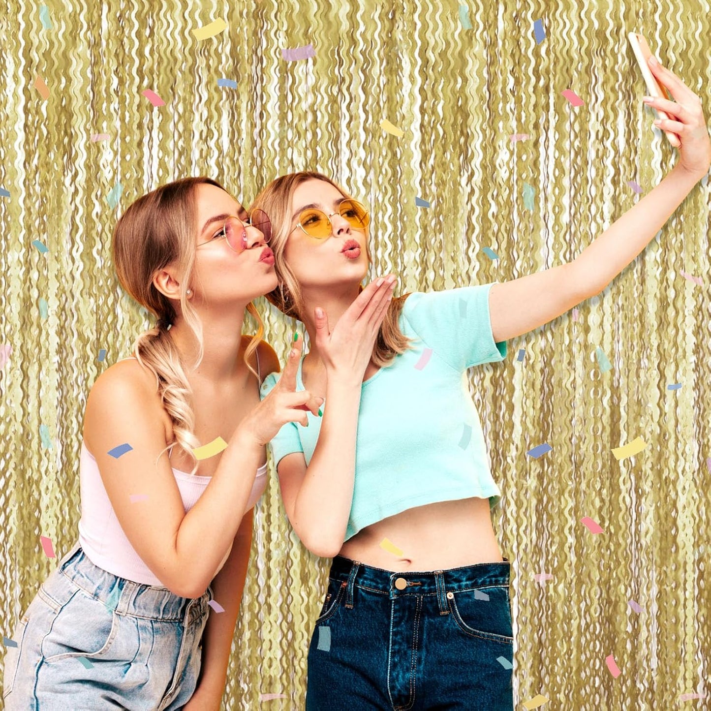 4 Pack Light Gold Wave Foil Fringe Curtain Backdrop, 3.28Ft x 8.2Ft Metallic Tinsel Foil Fringe Streamer Curtains for Photo Booth, Mother's Day, Easter, Birthday, Wedding Party Decoration