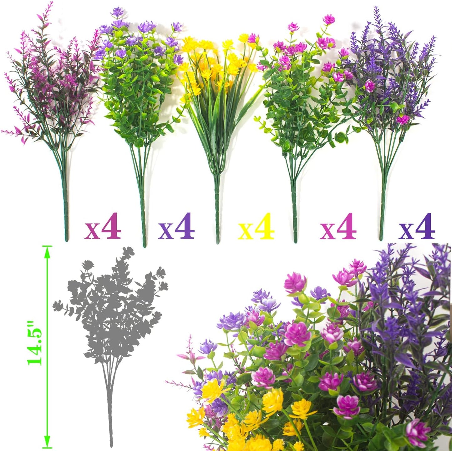 20 Bundles Artificial Flowers Outdoor UV Resistant No Fade Fake Plants Faux Plastic Shrubs for Garden Patio Porch Window Box Home Wedding Farmhouse Hanging Décor