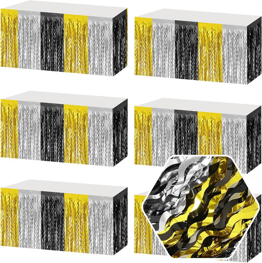 6 Pack 29 x108 Inch Black Gold Silver Wave Foil Fringe Table Skirts Metallic Banner for Tinsel Streamer Garland Backdrop for Parade Floats, Mother's Day, Easter, Wedding, Birthday Party Decoration