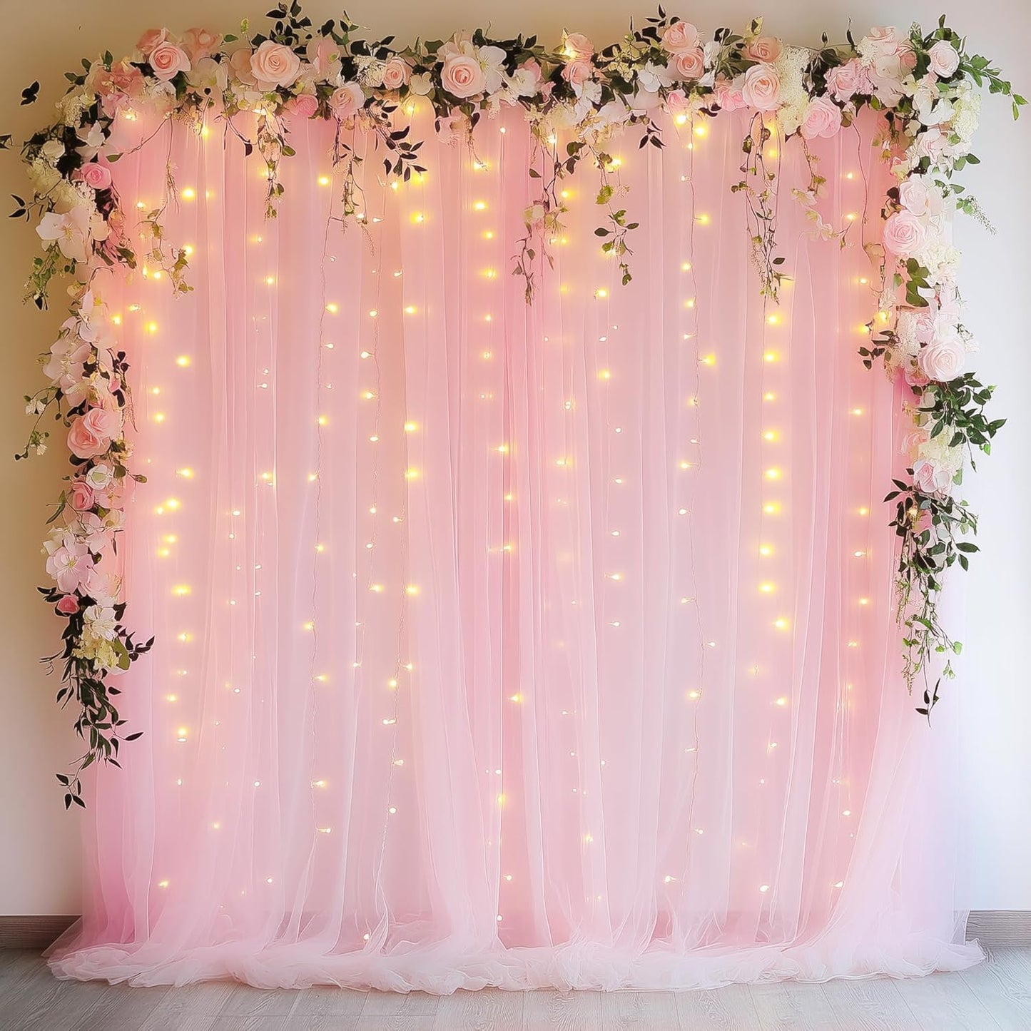 Fomcet Pink Tulle Backdrop Curtains with Lights String 10FT X 10FT Sheer Curtain with Lights Tulle Curtains Backdrop for Wedding Birthday Party Photo Shoot (2 Panels 5x10FT)