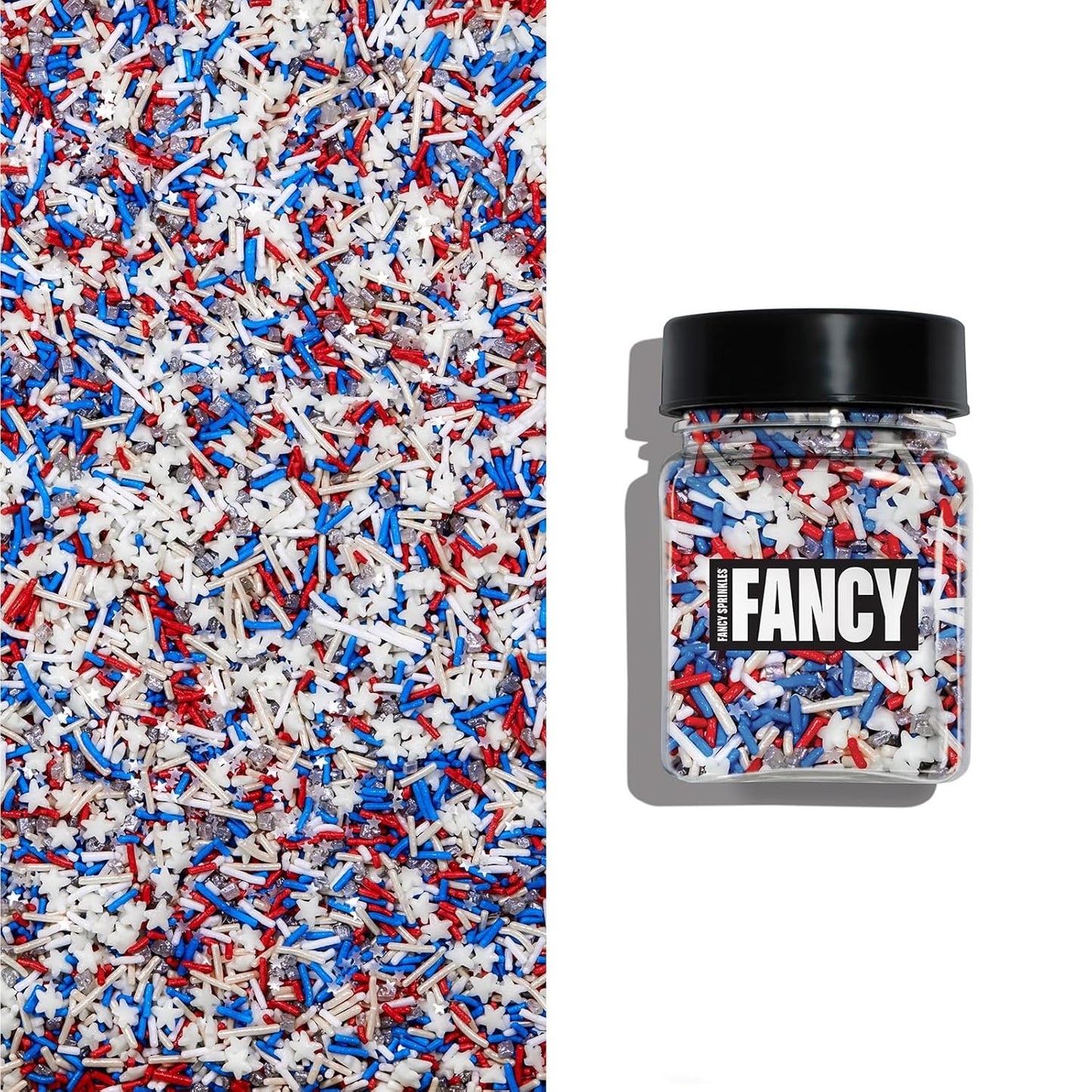 Fancy Sprinkles Superheroes, Assemble! Crunchy Jimmies, Sugar Nuggets, Mini Edible Glitter Stars, And Hexagons In Metallic Silver, Red, White, And Blue (0.25c)