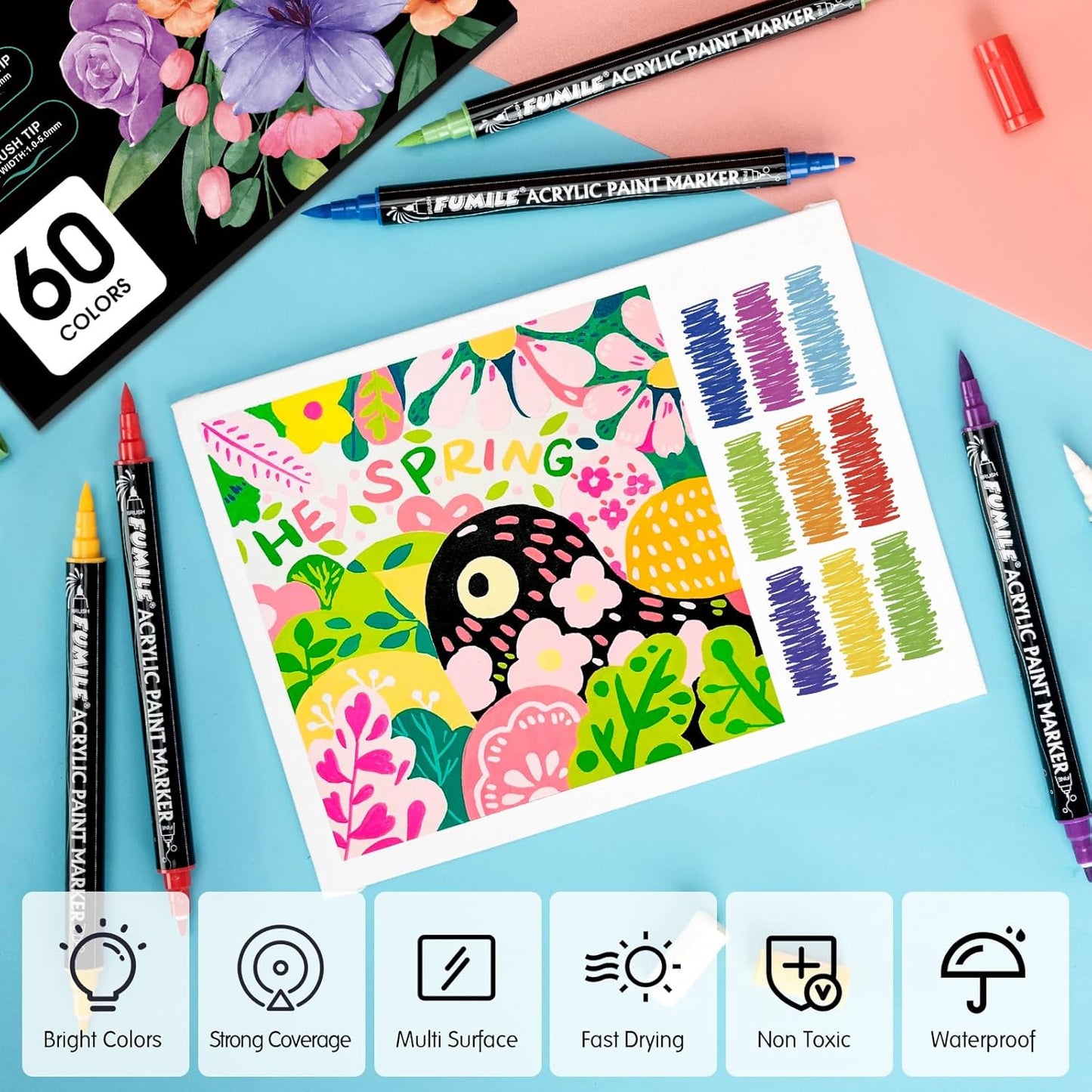 FUMILE 60 Colors Acrylic Paint Markers Dual Tip(Fine and Brush Tip), Acrylic Paint Pens paint Marker for Wood, Rock, Plastic, Glass, Ceramic, Canvas.Acrylic Markers Set for Art.