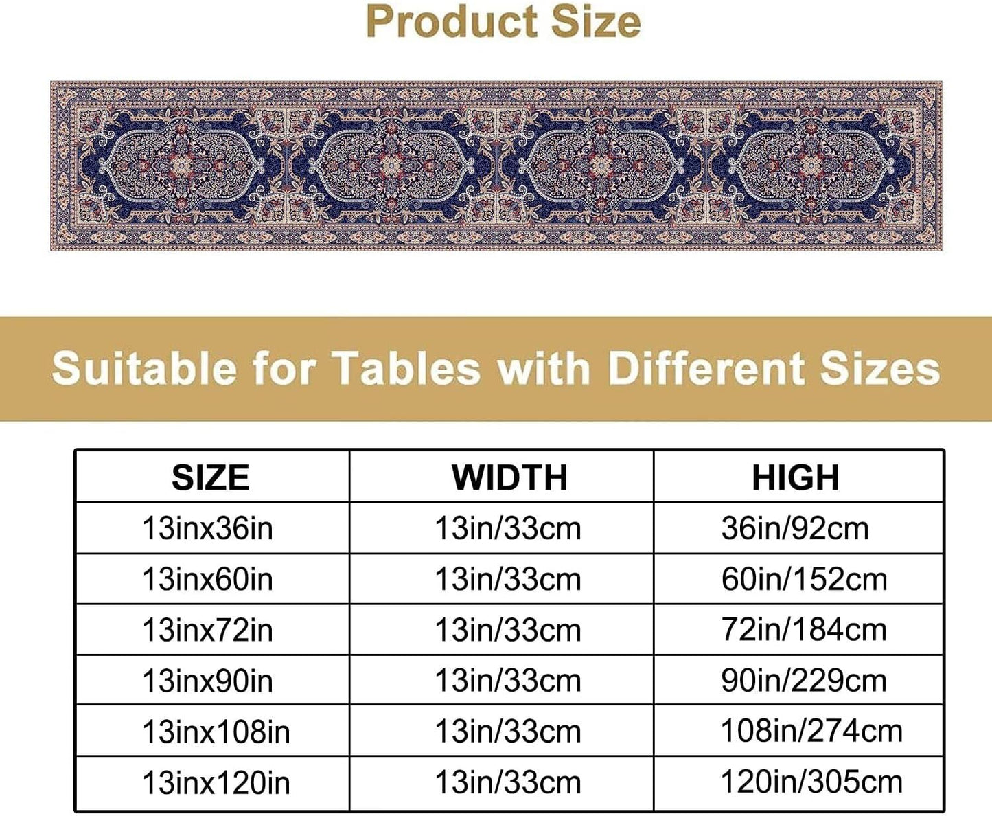 Vintage Boho Floral Table Runner, French Rustic Country Farmhouse Purple Golden Bohemia Flower Pattern for Home Kitchen Table Decor Dining Coffee Room Party Decor 13x72in