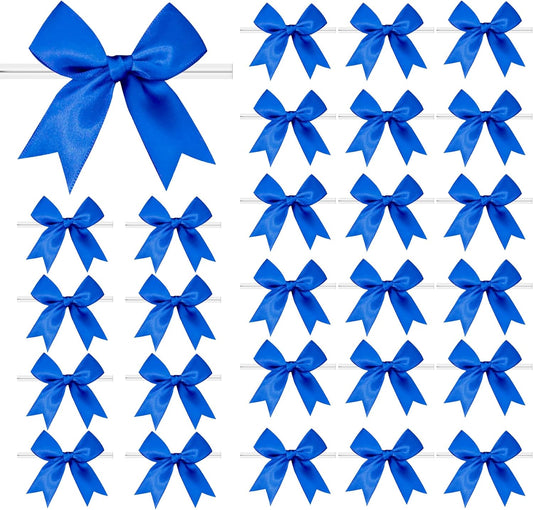 50 PCS Twist Tie Bows Satin Ribbon Bows 3.3 Inch Gift Wrap Bows Craft Bows for Gift Wrapping, Party Decorations Gifts Bag DIY Treat Bags Wedding Decor Baby Shower Christmas (Royal Blue)