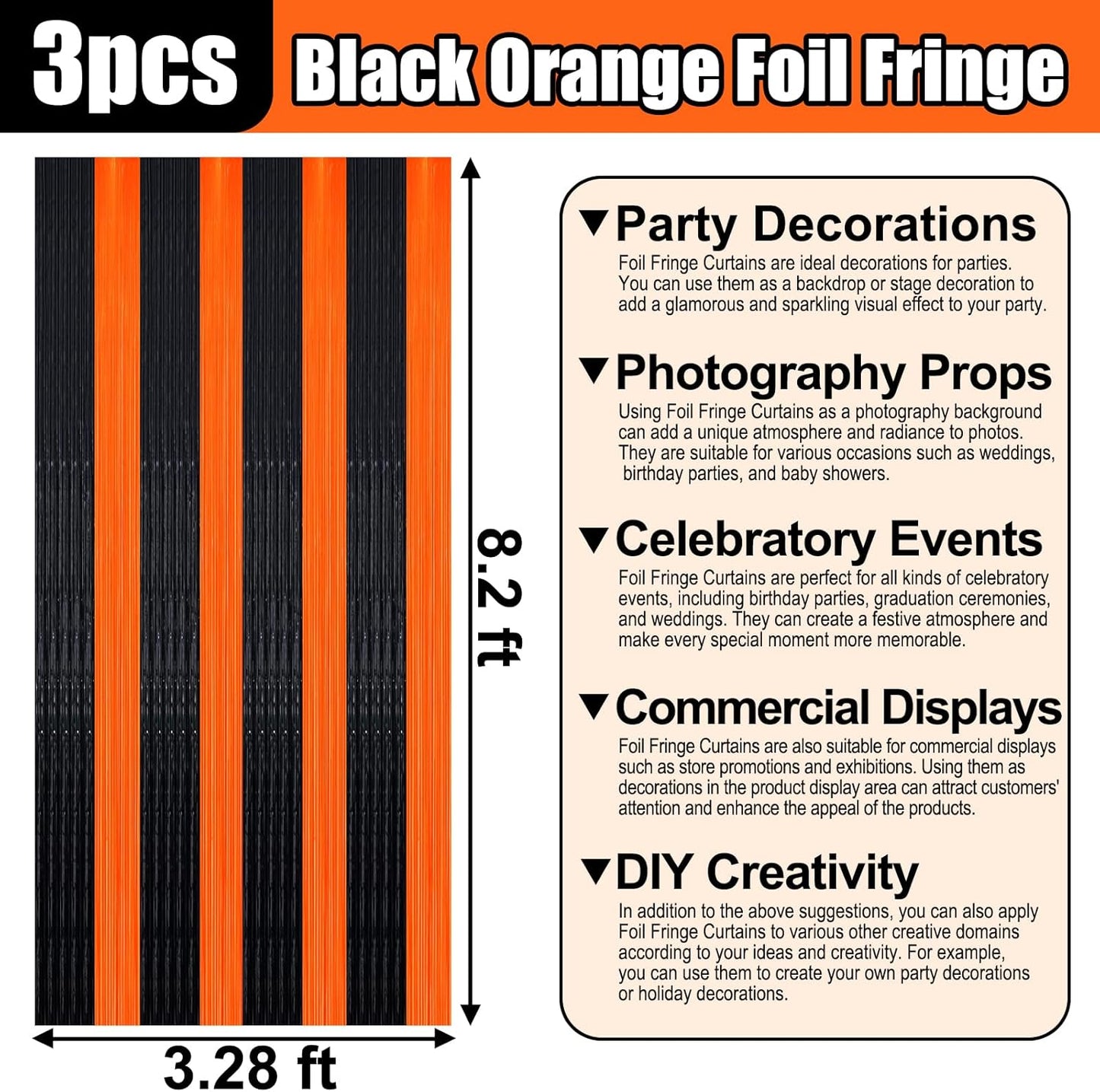3 Pack Black Orange Foil Fringe Curtain Backdrop, 3.28Ft x 8.2Ft Metallic Tinsel Foil Fringe Streamer Curtains for Photo Booth, Mother's Day, Easter, Birthday, Wedding Party Decorations