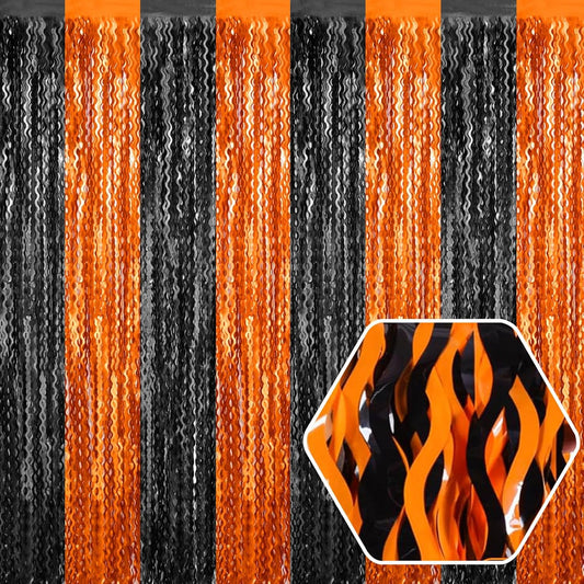 4 Pack Black Orange Wave Foil Fringe Curtain Backdrop, 3.28Ft x 8.2Ft Metallic Tinsel Foil Fringe Streamer Curtains for Photo Booth, Mother's Day, Easter, Birthday, Wedding Party Decoration