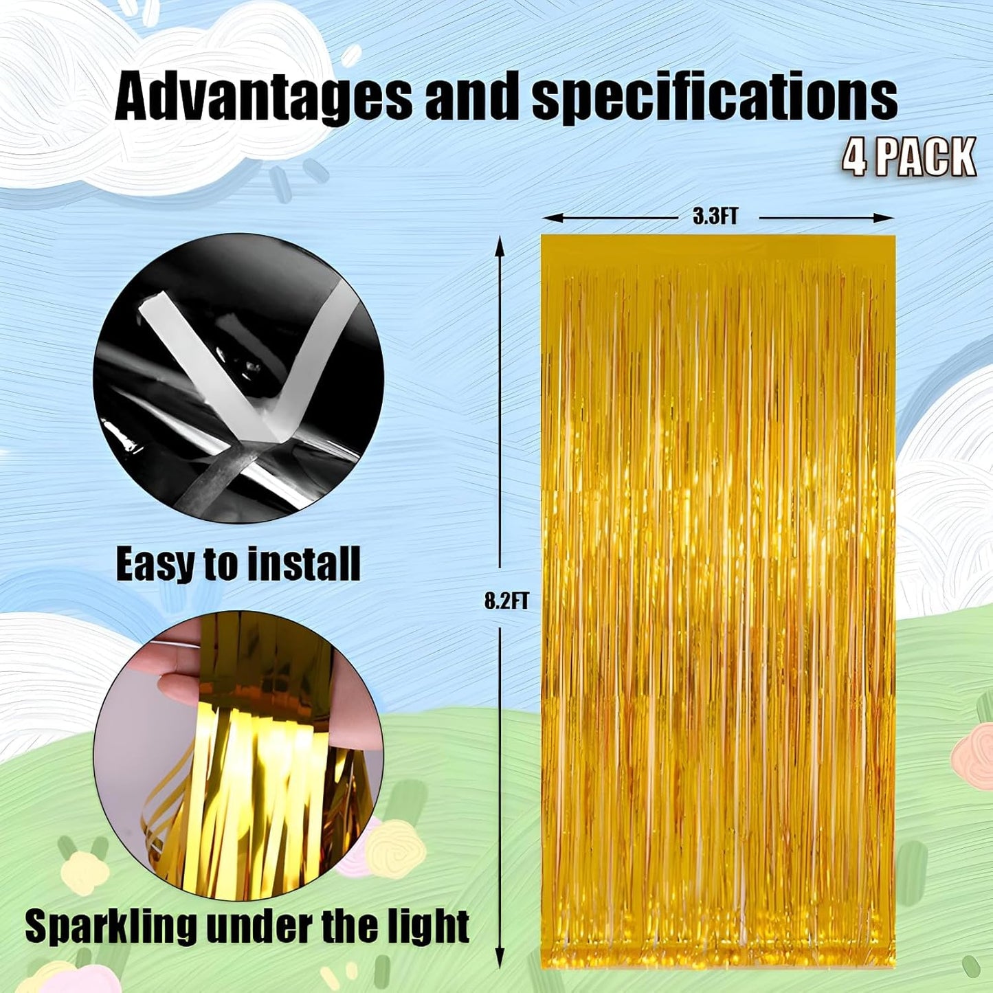 Keyali 4 Pack 3.3 * 8.3 ft Foil Curtain Metallic Tinsel Fringe Curtains Photo Booth Props Backdrop for Birthday Wedding Engagement Baby Shower Christmas Holiday Celebration Partyl,Gold