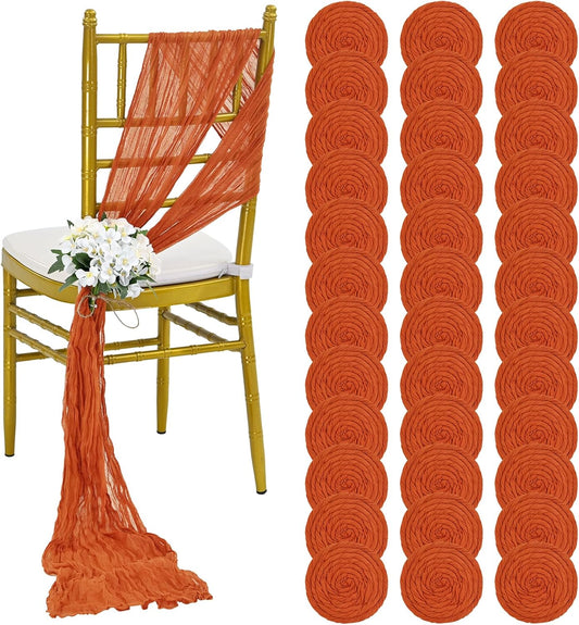 36 Pcs Burnt Orange Cheesecloth Chair Sashes, 16 x 108 inch Gauze Fabric Washable Chair Sashes Bows Designed for Aisle Decorations Universal Chair Cover Decor for Wedding Reception Party Banquet