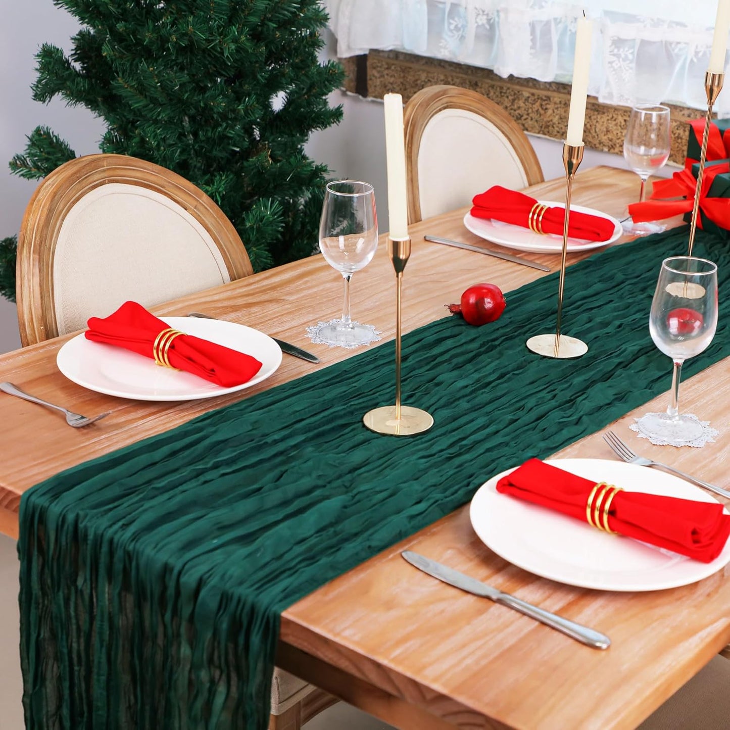 Snowkingdom 6 PCS Emerald Green Table Runner 120 Inch 10 Ft Rustic Boho Dark Green Cheese Cloth Runner for Wedding Bridal Baby Shower Birthday Party Christmas Sheer Gauze Home Table Centerpiece Deocr