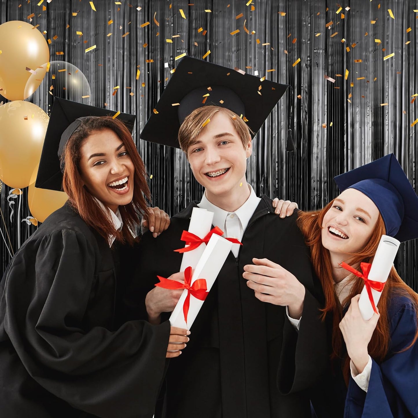 Crosize 3 Pack 3.3 x 9.9 ft Black Foil Fringe Backdrop Streamer Curtains, Birthday Party Decorations, Tinsel Curtain for Parties, Photo Booth Backdrops, Party Decor