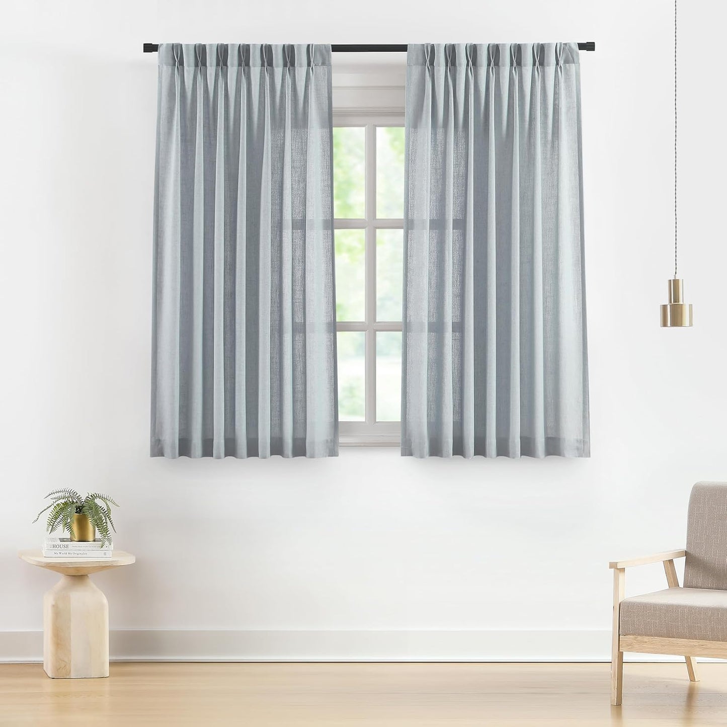 Vision Home Blue Grey Pinch Pleated Semi Sheer Curtains Textured Linen Blended Light Filtering Window Curtains 63 inch for Living Room Bedroom Pinch Pleat Drapes with Hooks 2 Panels 40" Wx63 L