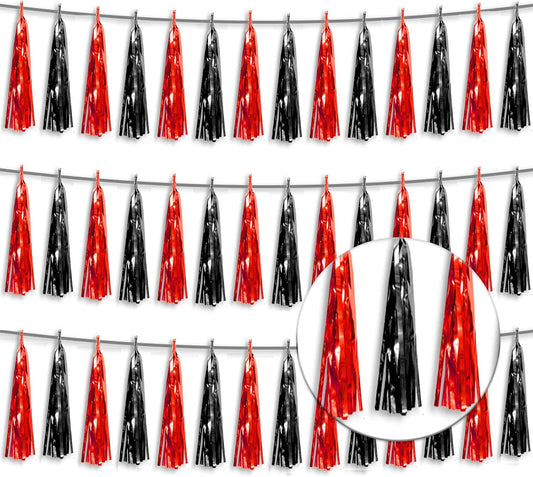3P Metallic Fringe Tassel Banner Garland Foil Tinsel Streamer Wall Hanging Curtain Backdrop Banner for Parade Floats, Halloween Decorations, Christmas Day Party Decoration(Black red)
