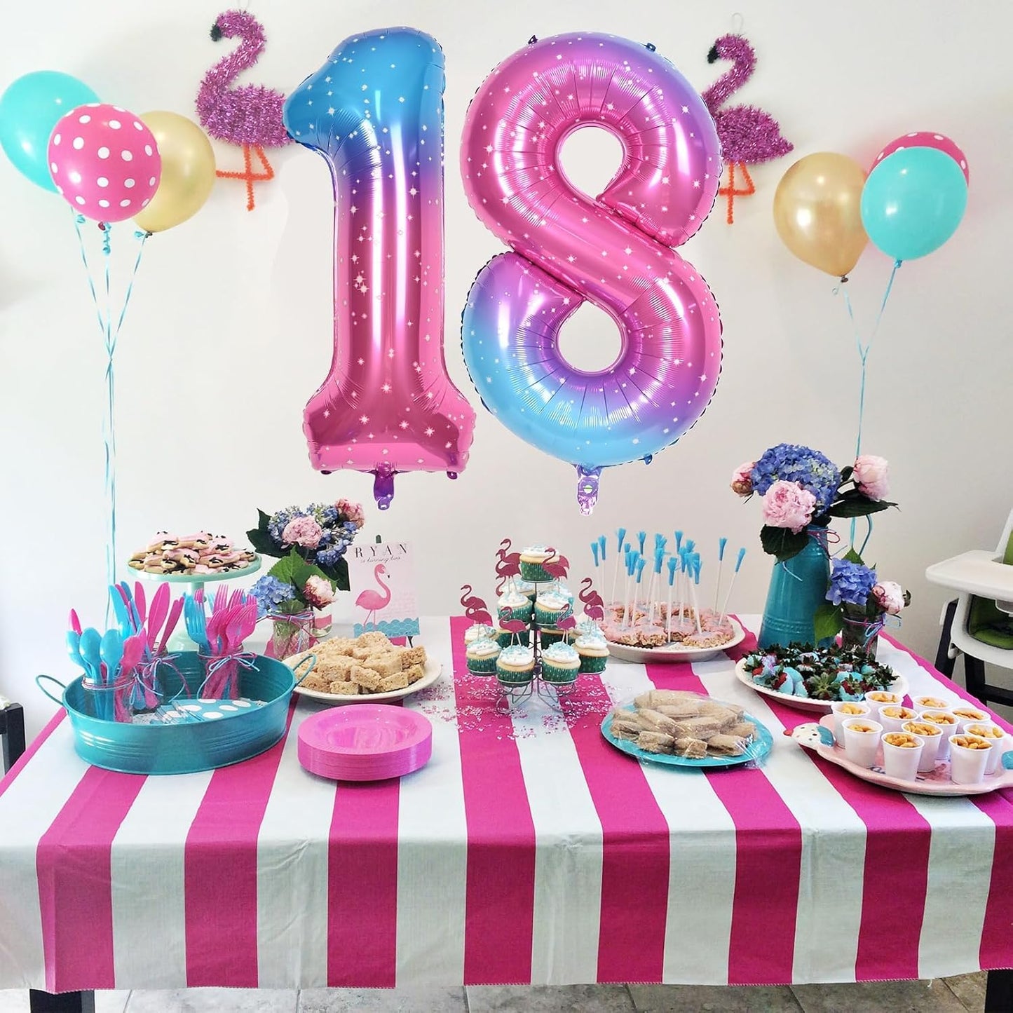 40'' Rainbow Number 7 Balloons, Giant Self Inflating Gradient Blue Pink Foil Number Balloons Set 0-9, Starry Digital 7 Helium Balloon for Girls 7th Birthday Party Decorations Anniversary Supplies