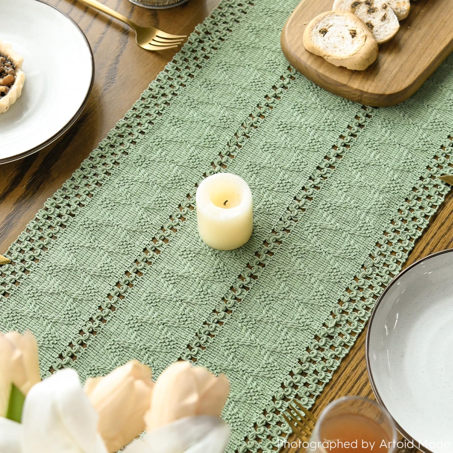 Artoid Mode Light Green Farmhouse Woven Rustic Hollow Table Runner, Seasonal Holiday Hollow Kitchen Dining Table Decoration for Home Party Decor 12x90 Inch
