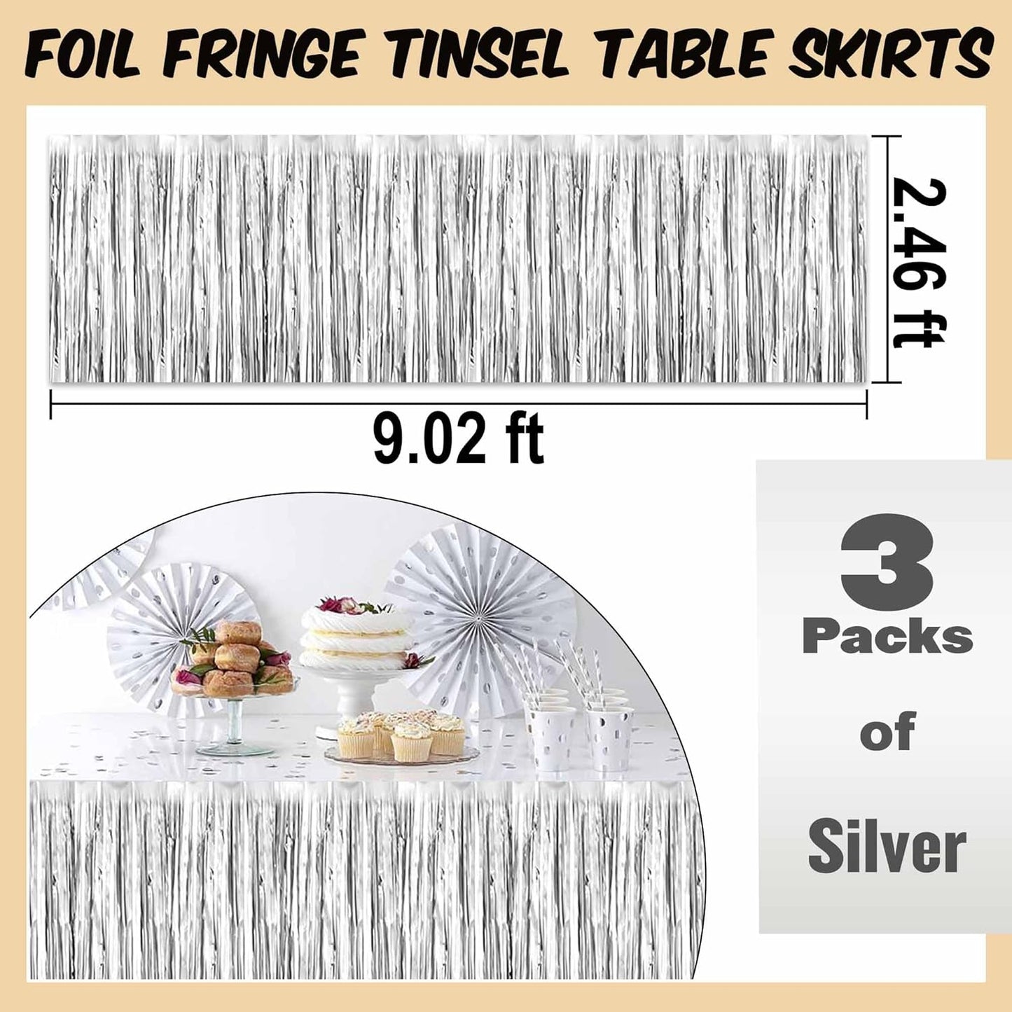 3 Pack 29 x108 Inch Silver Foil Fringe Table Skirts Metallic Banner for Tinsel Streamer Garland Backdrop for Parade Floats Mother's Day, Graduate, Birthday, Wedding Party Decoration