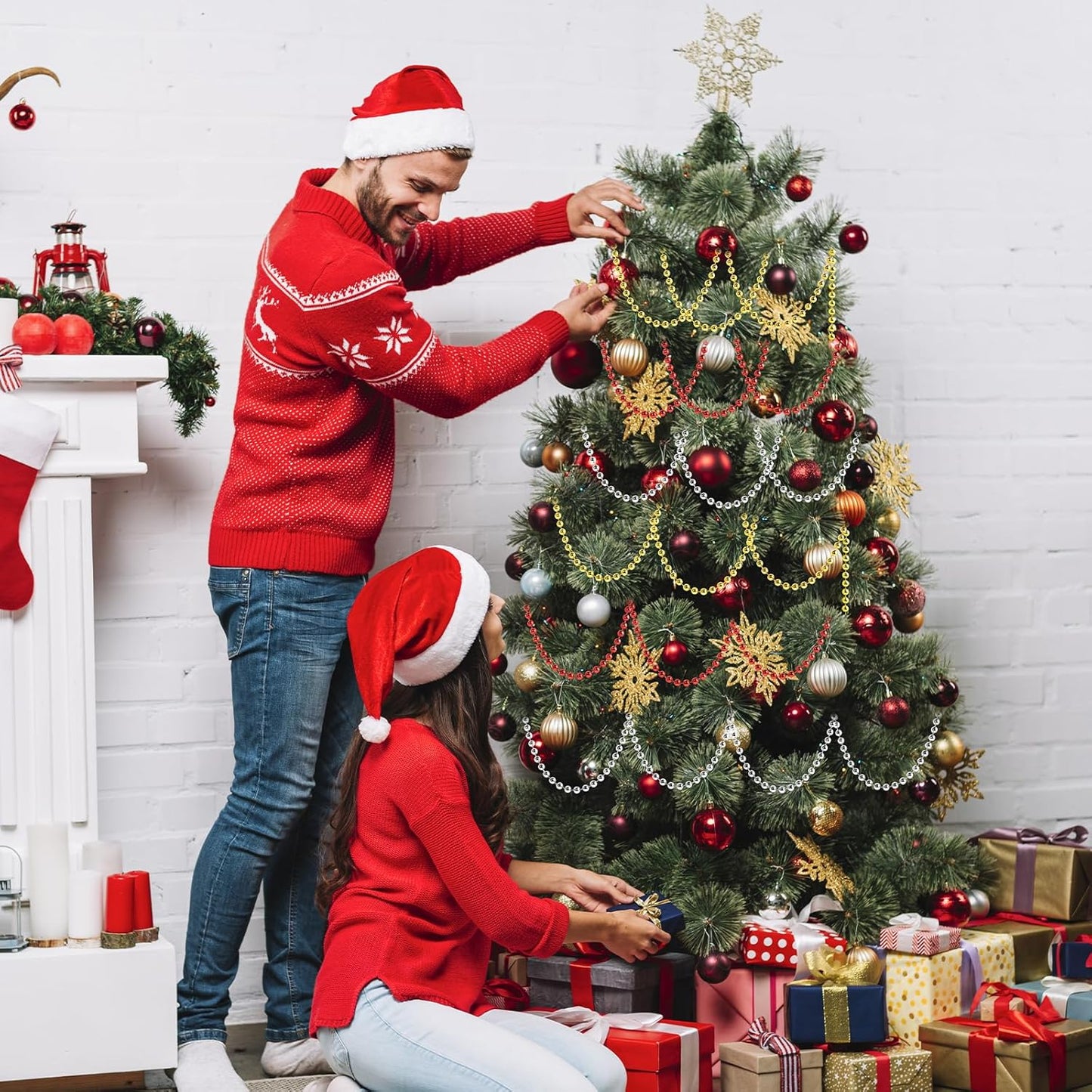 Craft String Pearls 6MM Pearl Bead, 66 Feet Silver Faux Pearl Garland Spool Roll Strand Wedding Party Decoration, Christmas Tree Decorations