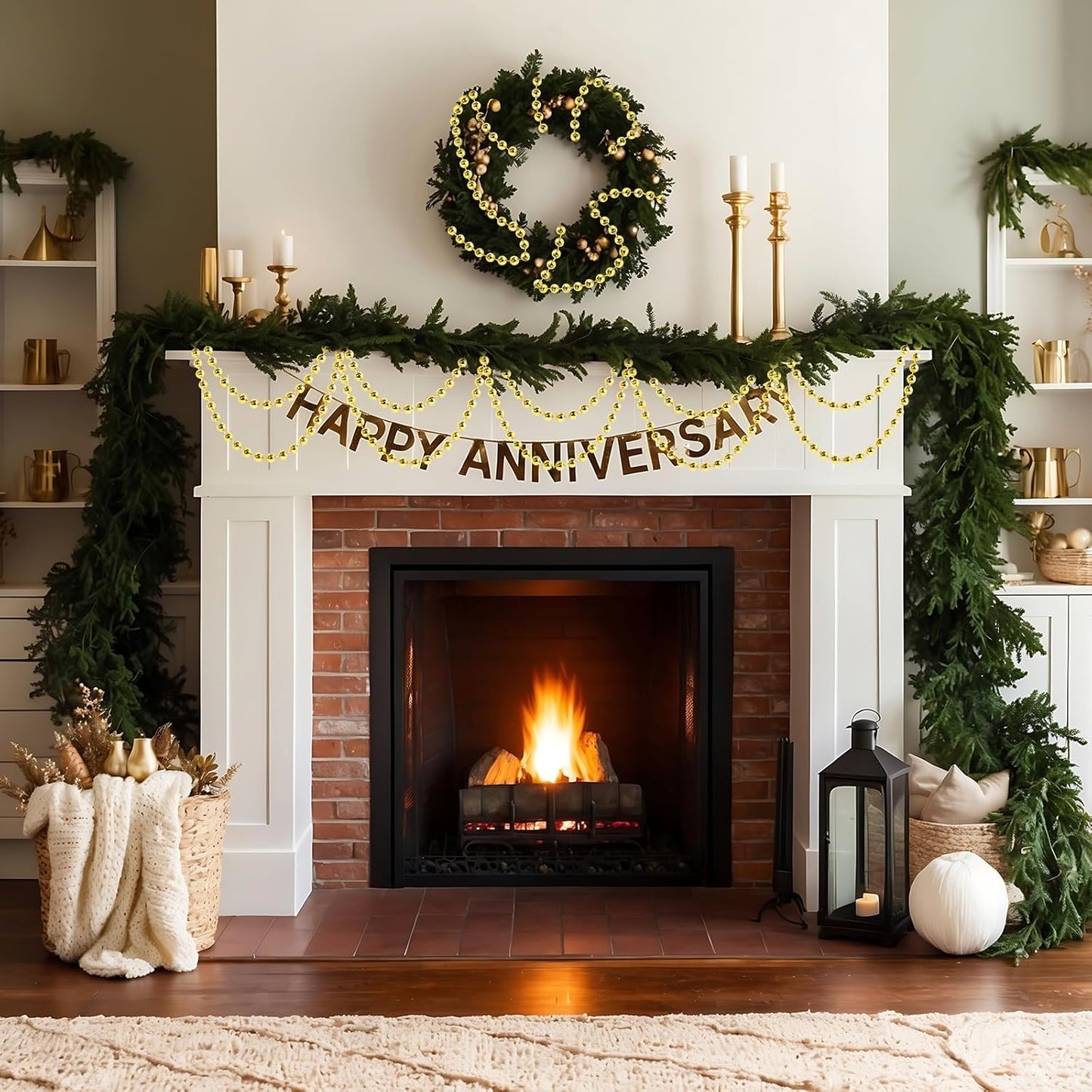 Craft String Pearls 8MM Pearl Bead, 33 Feet Gold Faux Pearl Garland Spool Roll Strand Wedding Party Decoration, Christmas Tree Decorations