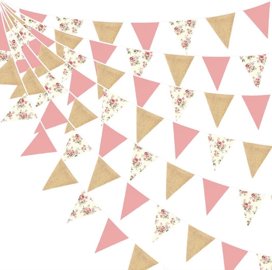 32Ft Flora Party Decorations Blush Rose Pink Burlap Flora Triangle Flag Fabric Banner Pennant Garland Streamer for Chic Tea Party Vintage Birthday Wedding Baby Shower Engagement Rustic Garden Decor