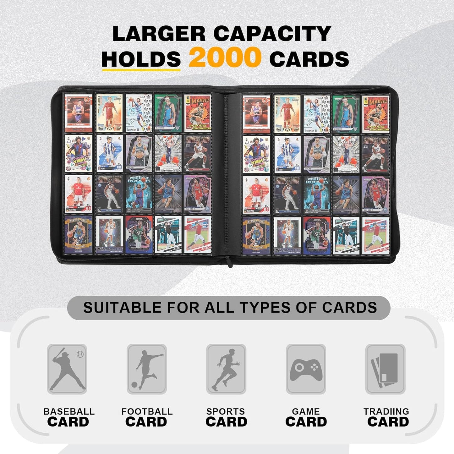 20-Pocket Card Binder, Trading Card Binder Holds 2000 Cards, Premium Zippered Trading Card Album Compatible with TCG, Game & Sports Cards (Carbon ash)