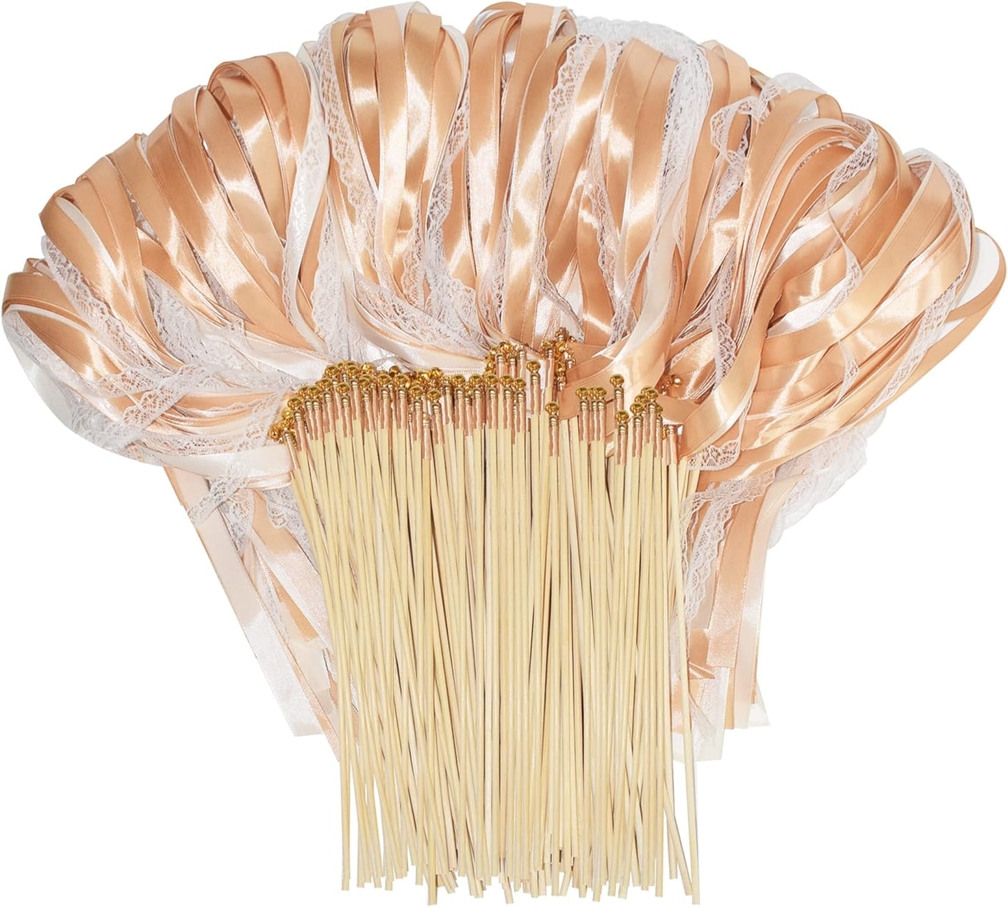 Kingsnow 100 Pieces Champagne Ribbon Wedding Wands Send Off Idea Ceremony Exit Ribbon Wedding Favor with Lace and Bell, Wedding Party Ribbon Streamers Fairy Wands Ribbon Bridal Wands