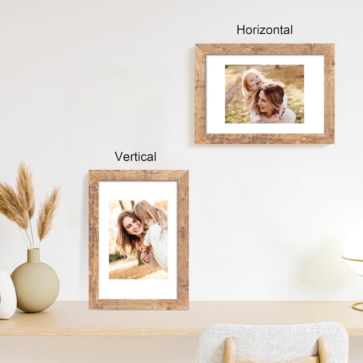 8x12 Picture Frame Set of 4 with High Definition Real Glass, Display 6x8 Pictures with Mat or 8 x 12 Without Mat, Rustic Brown Wood Photo Frames for Tabletop and Wall Mounting