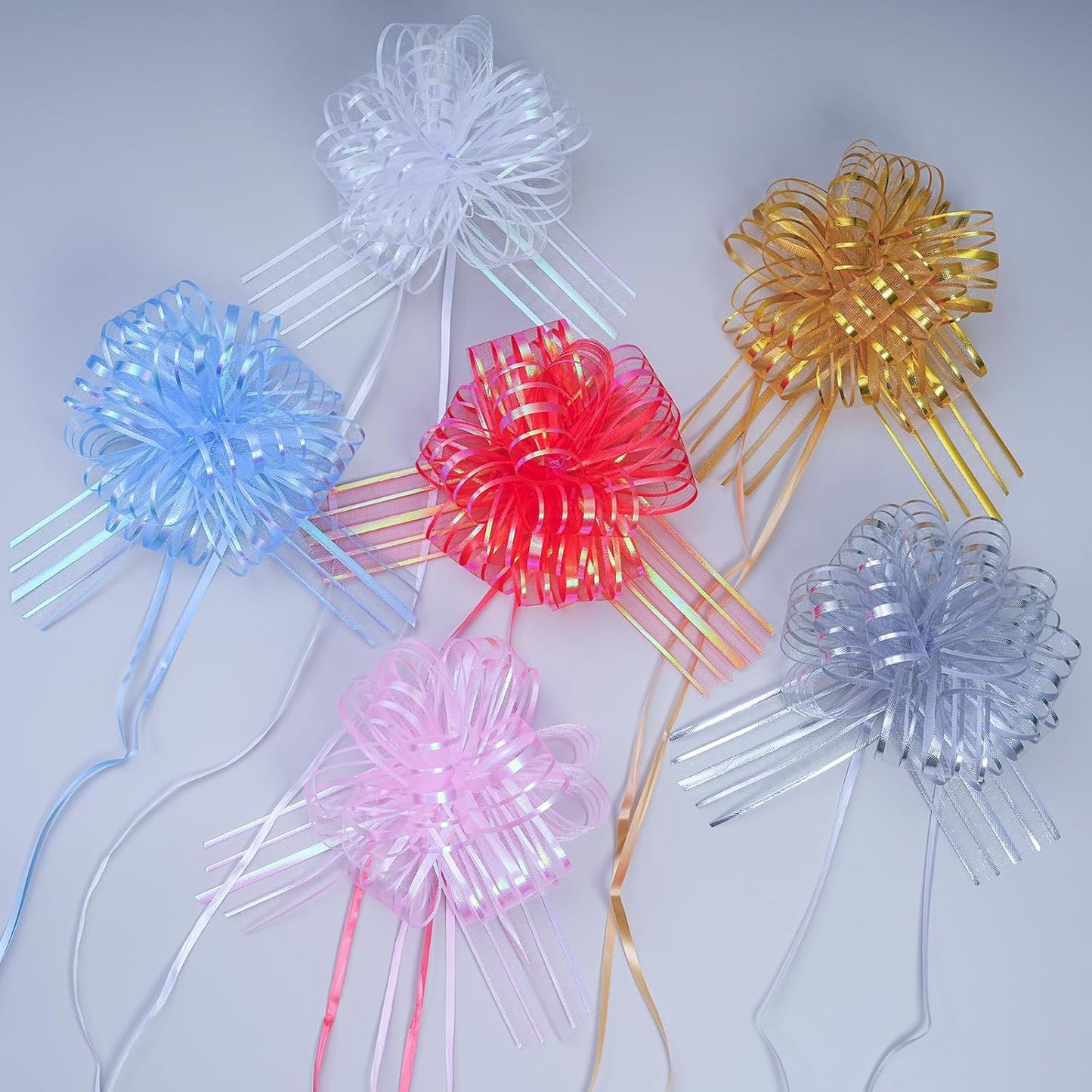 6 Pcs 6 Inch Large Organza Pull Bow Ribbon – Elegant Gift Bows for Wedding Decorations, Christmas Wrapping, Birthday Parties, Car Decor, Gift Baskets, and Valentine's Day Packaging(Silver)