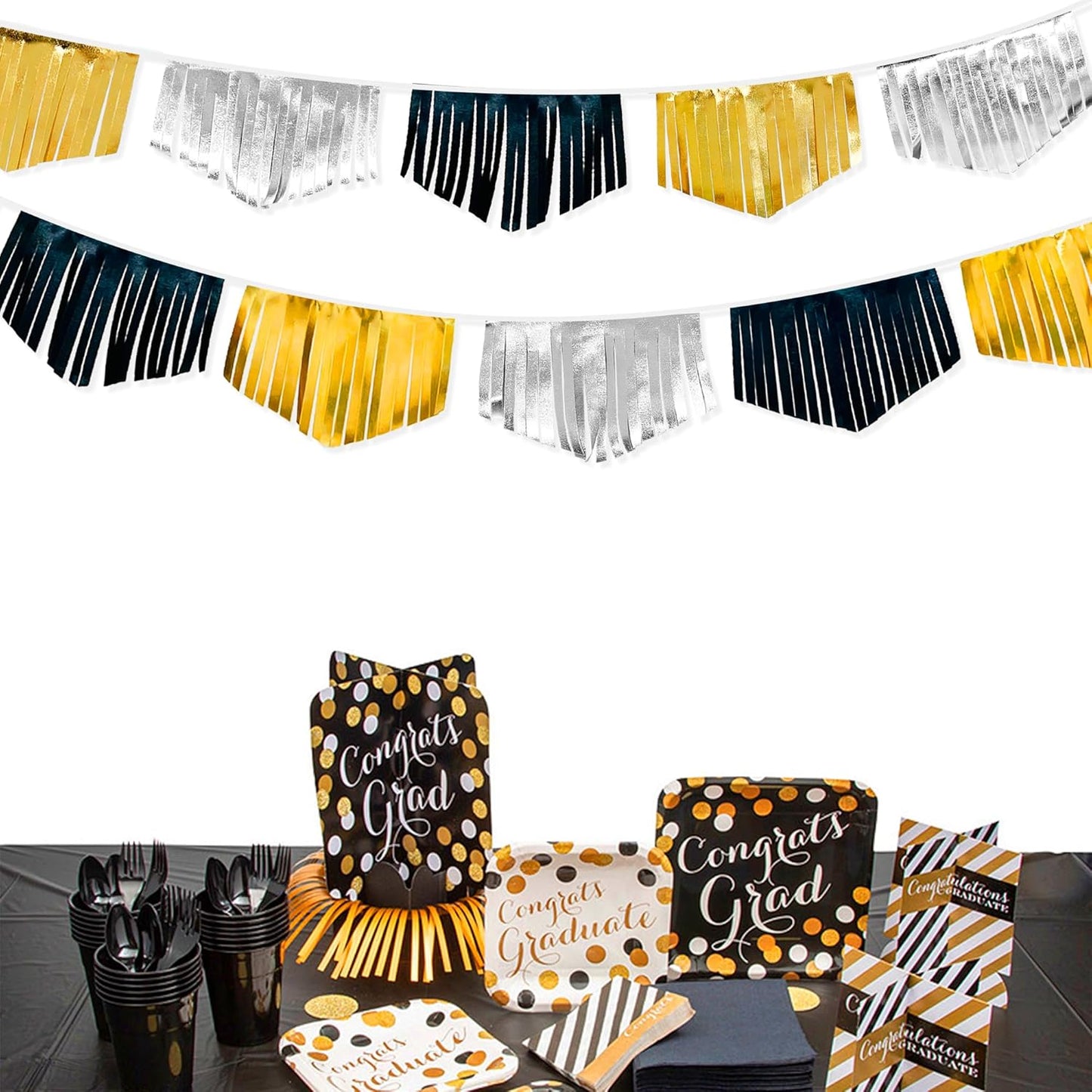 Black Silver Gold Tassel Banner Double Sided Metallic Fabric Pennant Bunting Flag Garland for Graduation Birthday Anniversary Bachelorette Engagement Wedding Bridal Shower Party Decorations Supplies