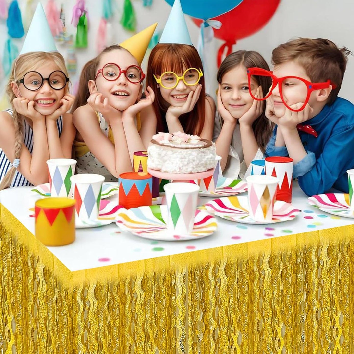 6 Pack 29x108 Inch Gold Wave Foil Fringe Table Skirts Metallic Banner for Tinsel Streamer Garland Backdrop for Parade Floats Mother's, Graduate, Mardi Gras, Birthday, Wedding Party Decorations