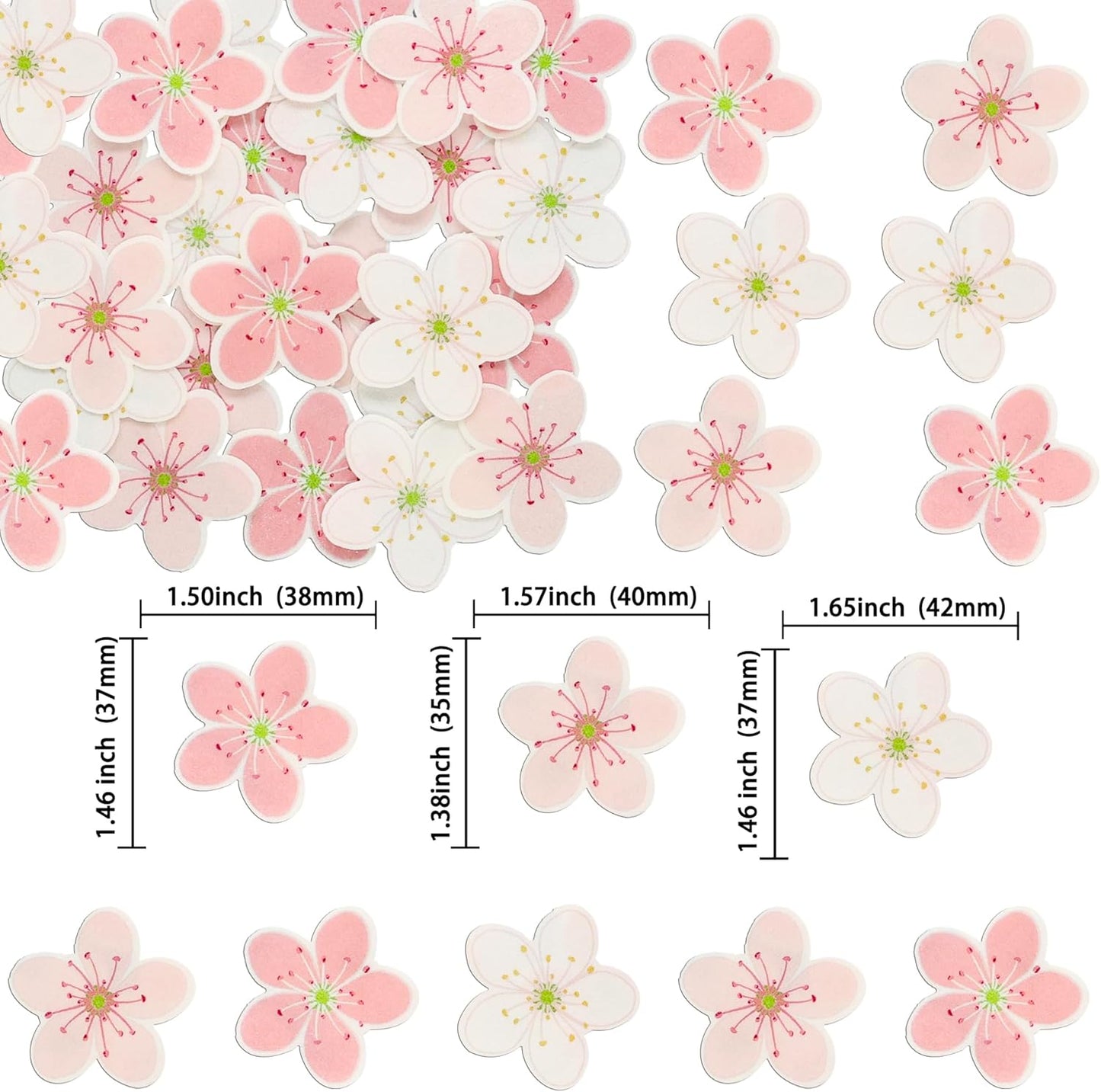 Ephlyn 54Pcs Edible Cherry Blossom Cake Decoration Spring Flowers Cupcake Toppers Wafer Paper Flowers Cake Decoration Wedding Birthday Baby Shower Party Supplies White Pink