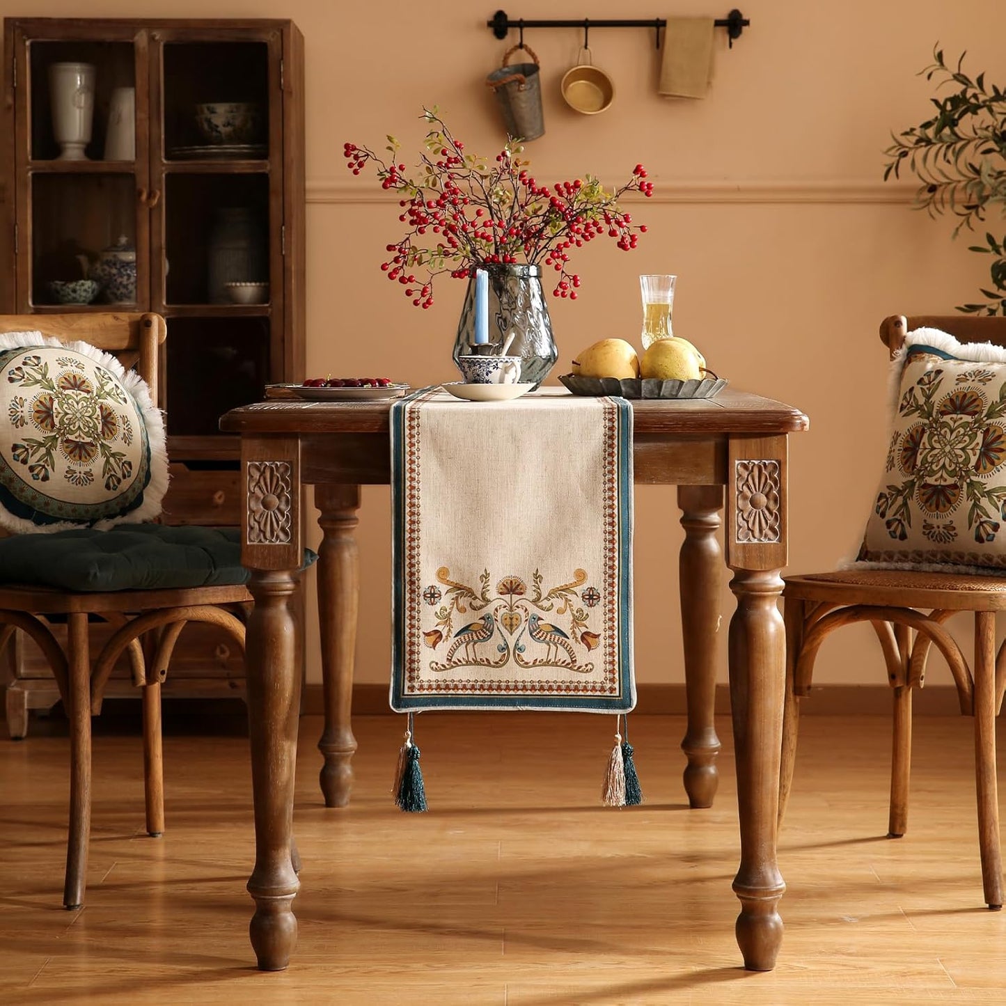 patdrea Designer Beige Farmhouse Geometric Patterned Linen Table Runner 87 Inch Long,Wrinkle Resistant Table Mat,Decoration for Kitchen Dining and Coffee Tables Banquet Christmas , 12"x87"