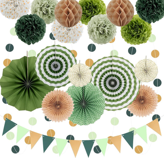 Green Party Decorations - 23Pcs Hanging Paper Fans,Pom Poms Flowers,Garland String Polka Dot and Triangle Bunting Flag Packs for Girls Women Birthday Party Baby Shower Wedding Shower Decor