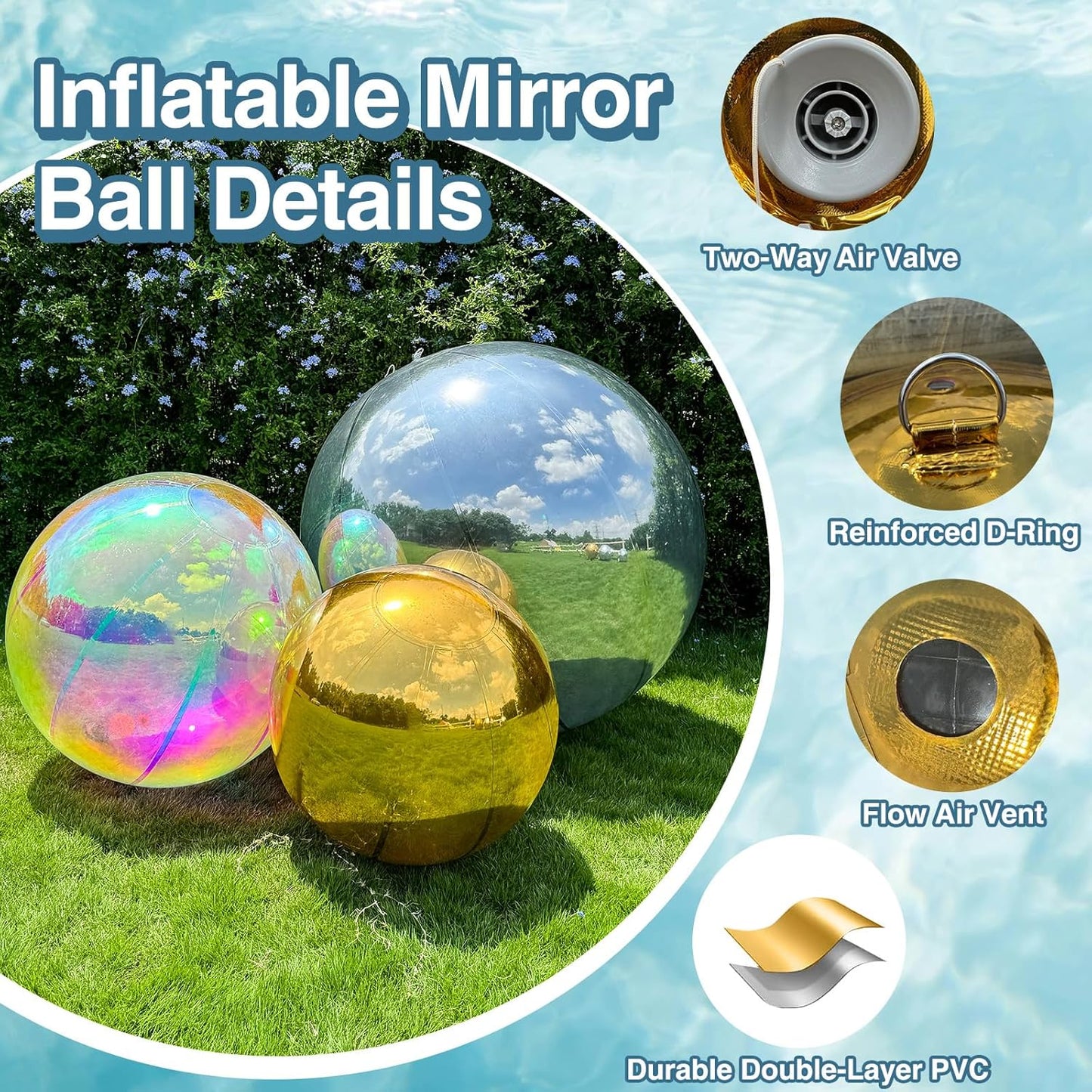Inflatable Mirror Ball, Gold Big Shinny Balls Reusable Large PVC Disco Ball Balloon for Large Event Decoration, Party, Wedding Decor, Concerts, Stage (1 Pcs, 1.2m/47.2in Without Air Pump)